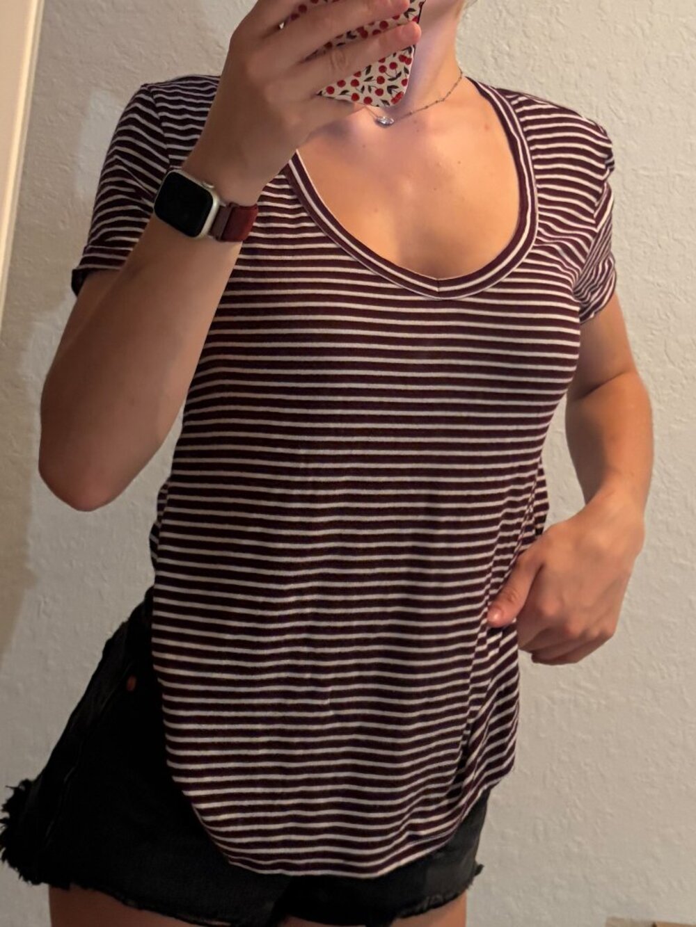 American Eagle Soft & Sexy Maroon White Striped V-Neck Tee XS